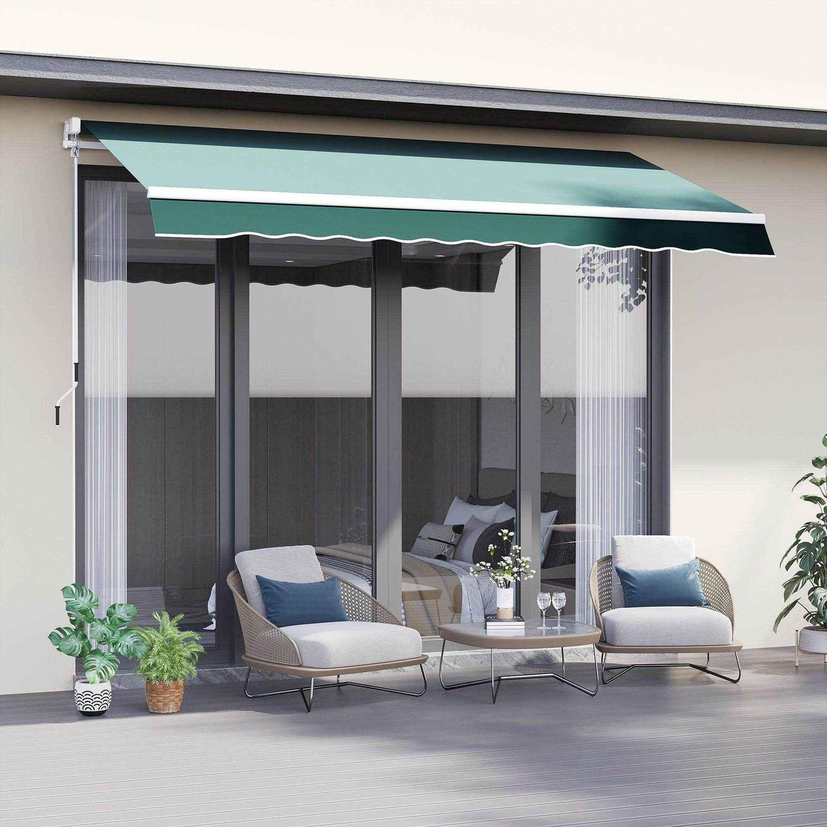 Green retractable patio awning shading outdoor seating area with modern chairs and plants