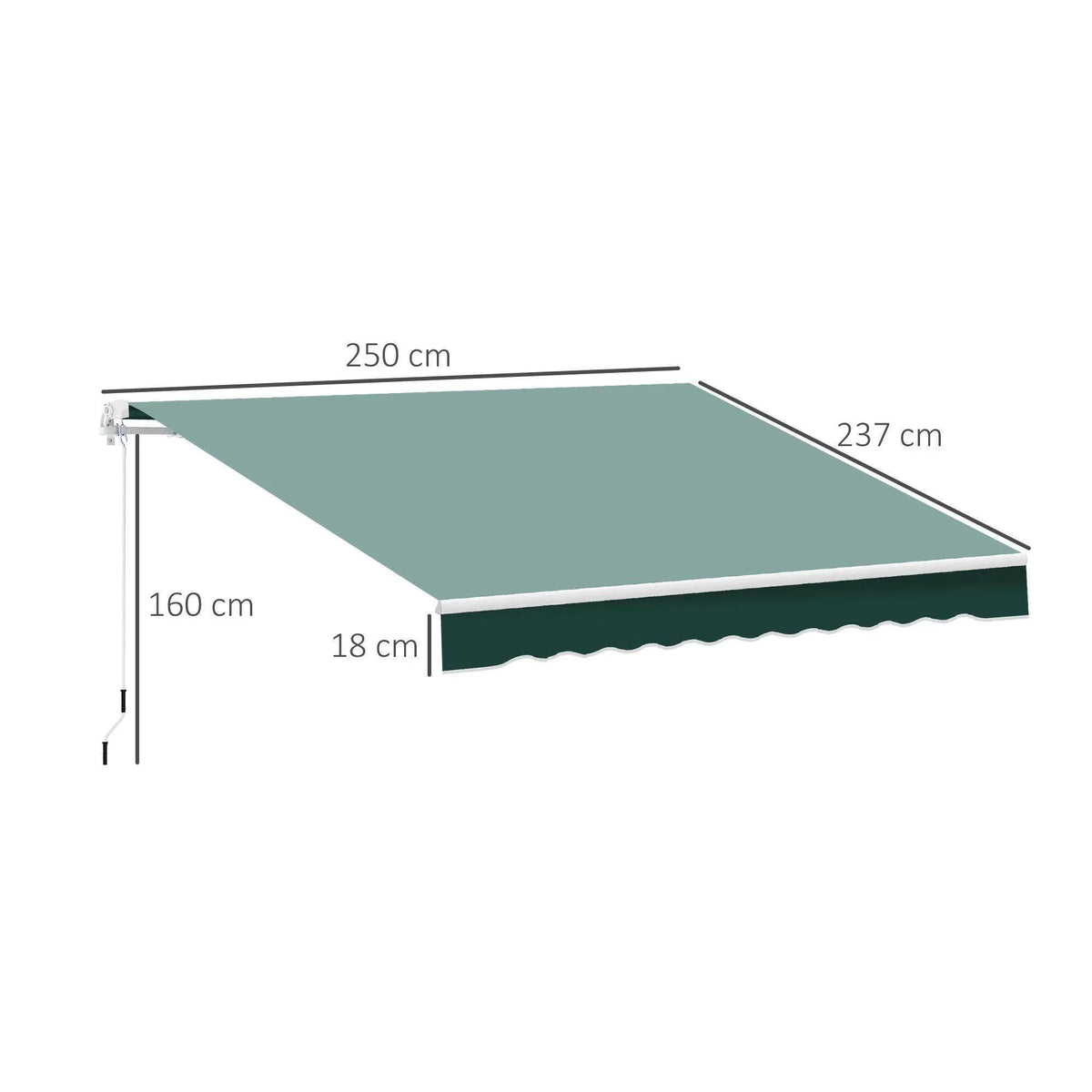 Green outdoor awning with dimensions: 250cm wide, 237cm deep, 160cm high, 18cm drop for patio shade