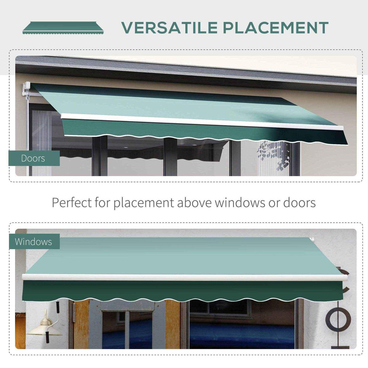 Green retractable awning for doors and windows, providing shade and versatile placement