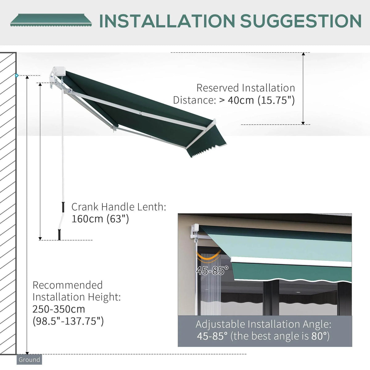 Green retractable awning installation guide with dimensions and adjustable angle for patio or window shade