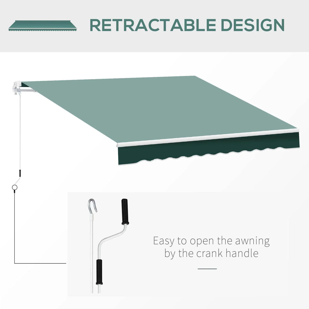 Retractable outdoor awning with crank handle for easy opening, green fabric, home garden shade