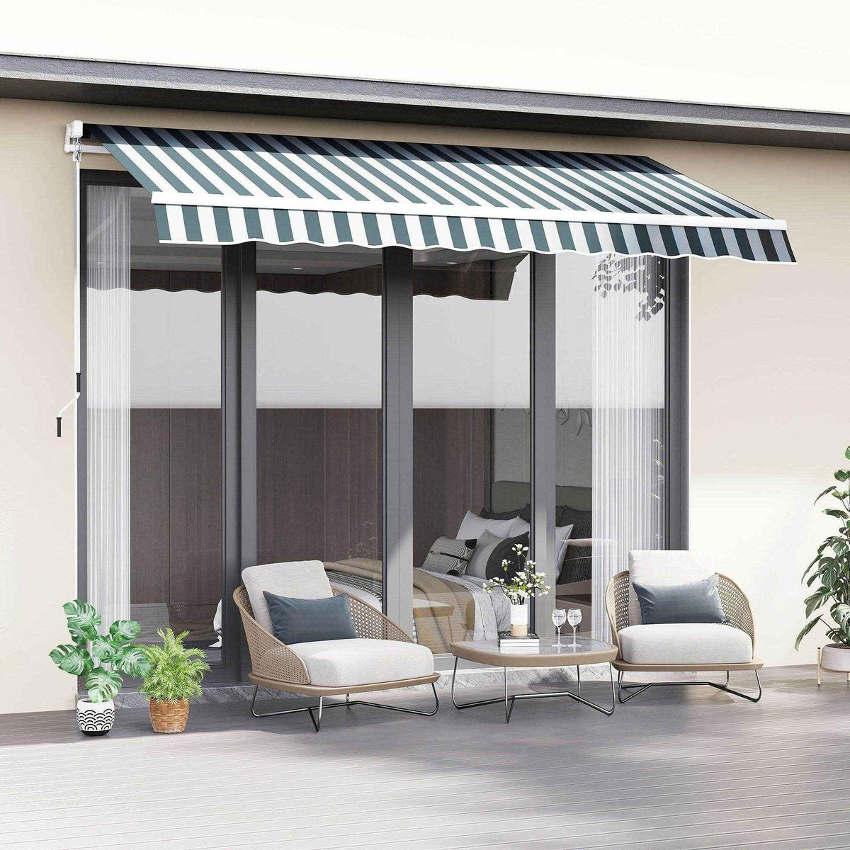 Striped outdoor awning shading patio with wicker chairs, perfect for home garden relaxation