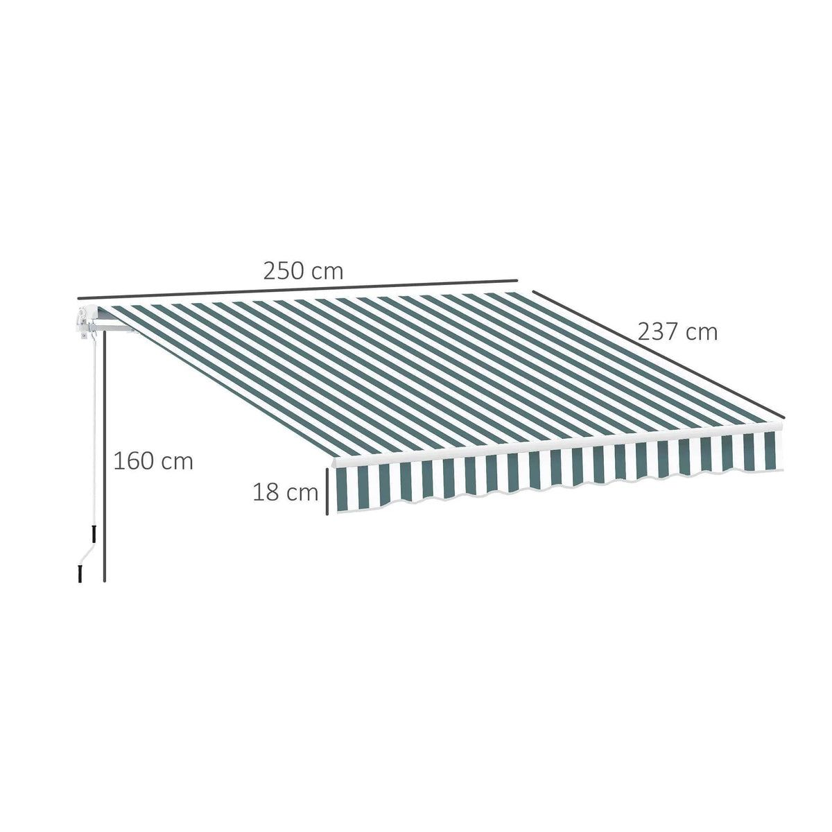 Green and white striped retractable awning with dimensions for patio shade