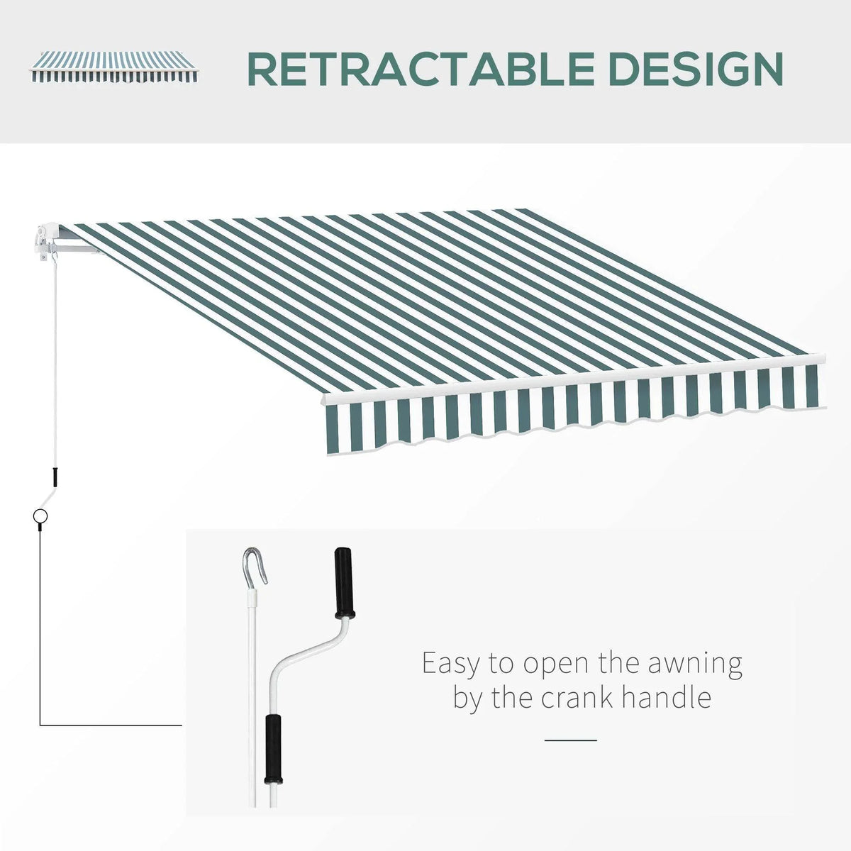 Retractable patio awning with green and white stripes, crank handle for easy opening, ideal for outdoor shade.