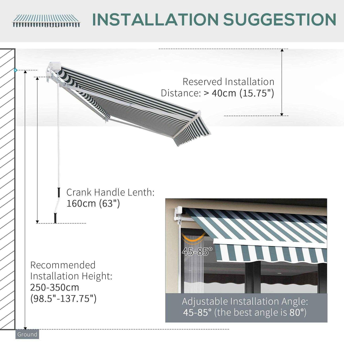 Striped outdoor awning installation guide with height, angle, and crank handle measurements for patio shade