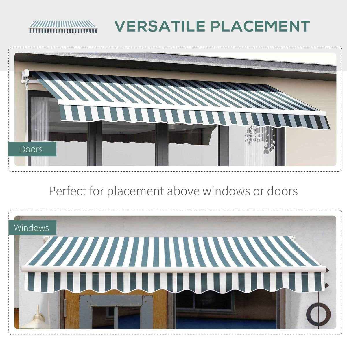 Striped outdoor awning for doors and windows, providing shade and style to home exteriors