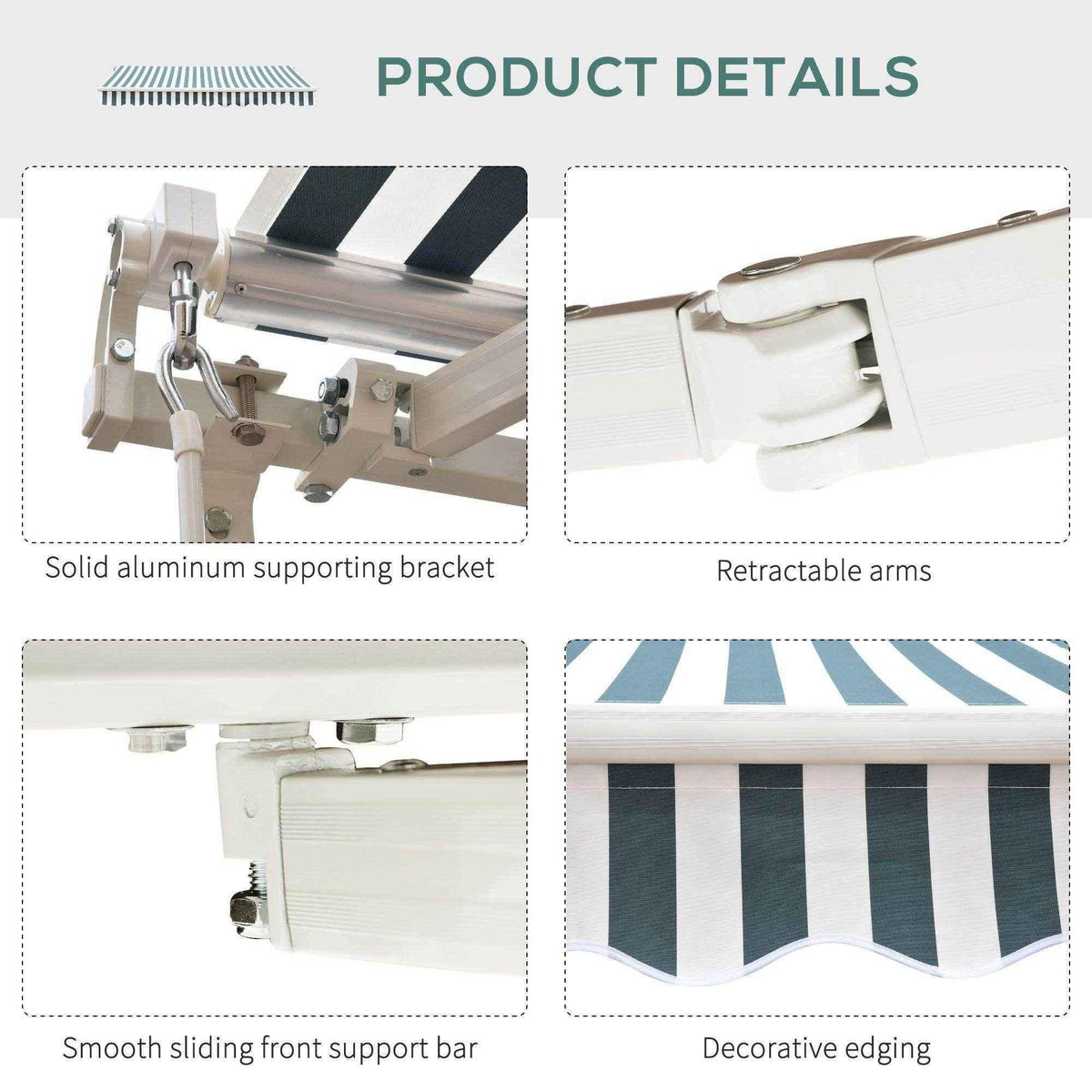 Retractable patio awning with solid aluminum bracket, smooth sliding bar, and decorative striped edging