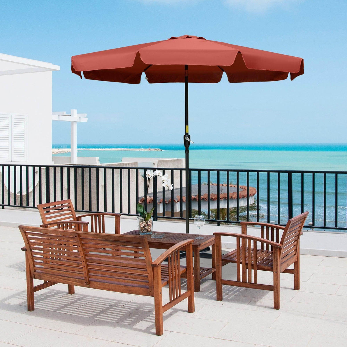 Wine red patio umbrella with open canopy and black center pole