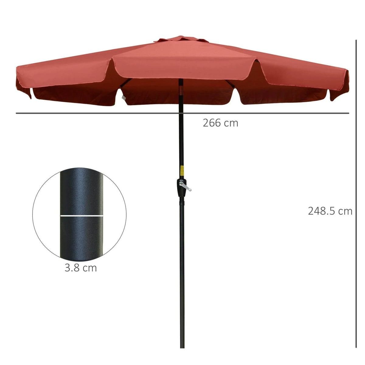 Wine red patio umbrella canopy with black support pole, vented panels