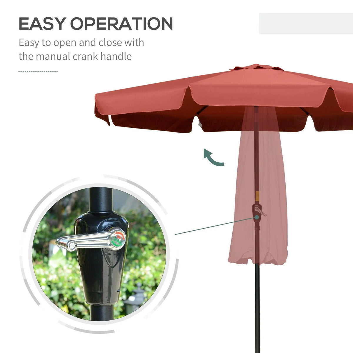 Wine red patio umbrella with manual crank handle and hanging cover