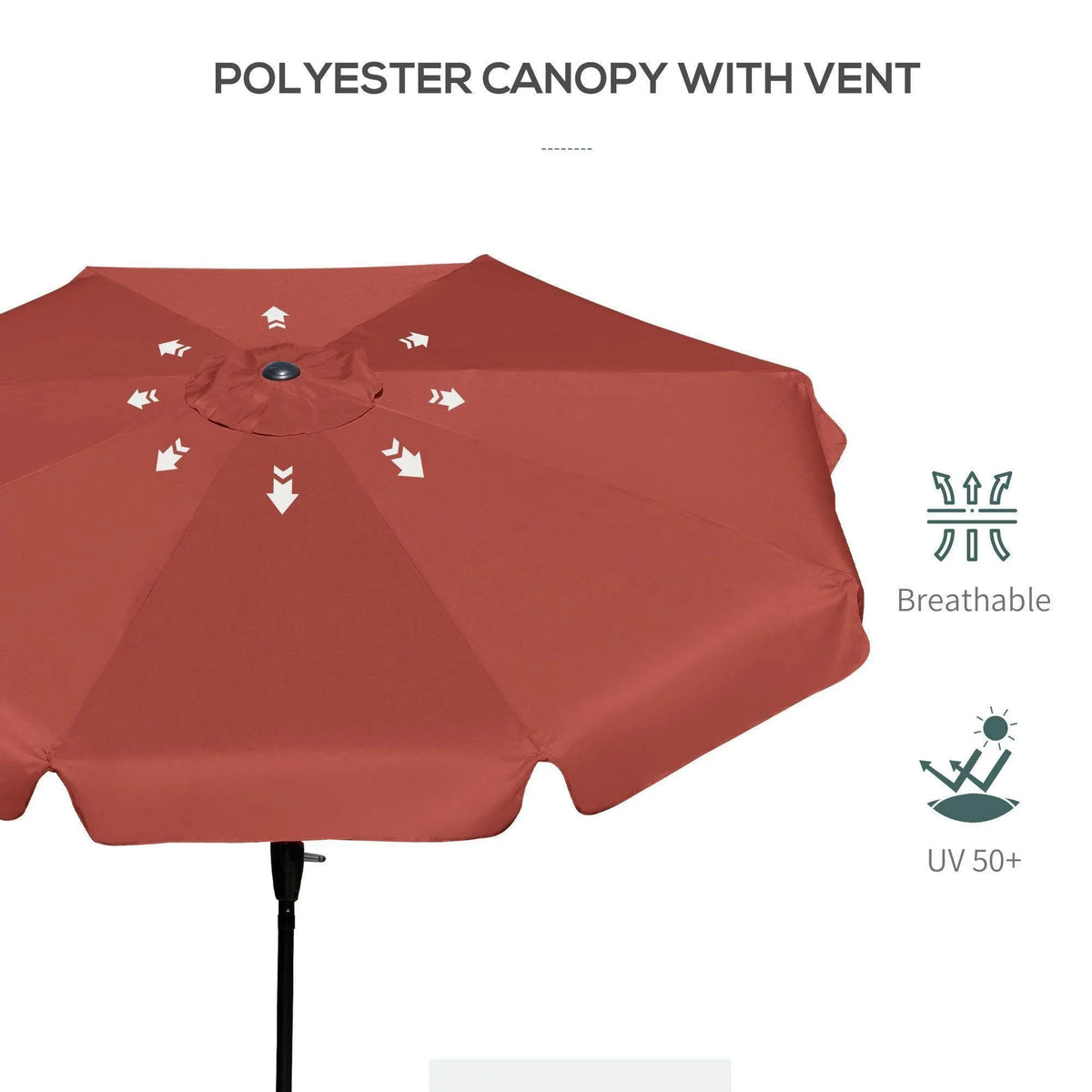 Wine red patio umbrella canopy with vented fabric for airflow and sun protection