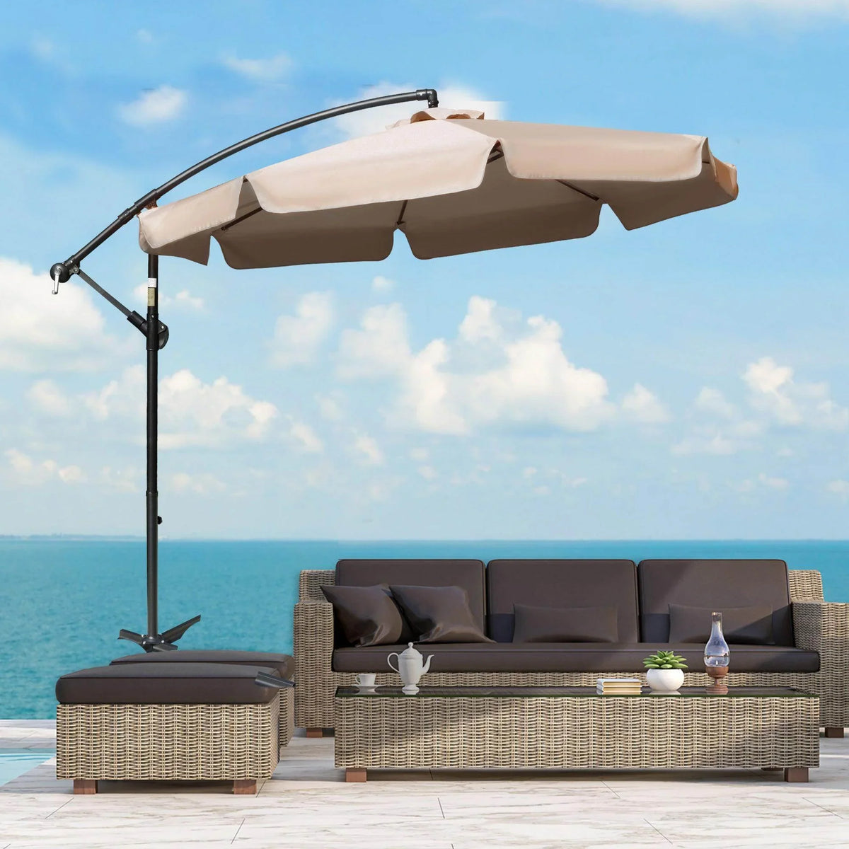 Light brown cantilever banana parasol with cream canopy and black crank frame