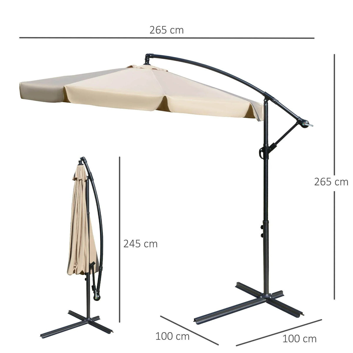 Light brown banana cantilever parasol with crank handle and black cross base