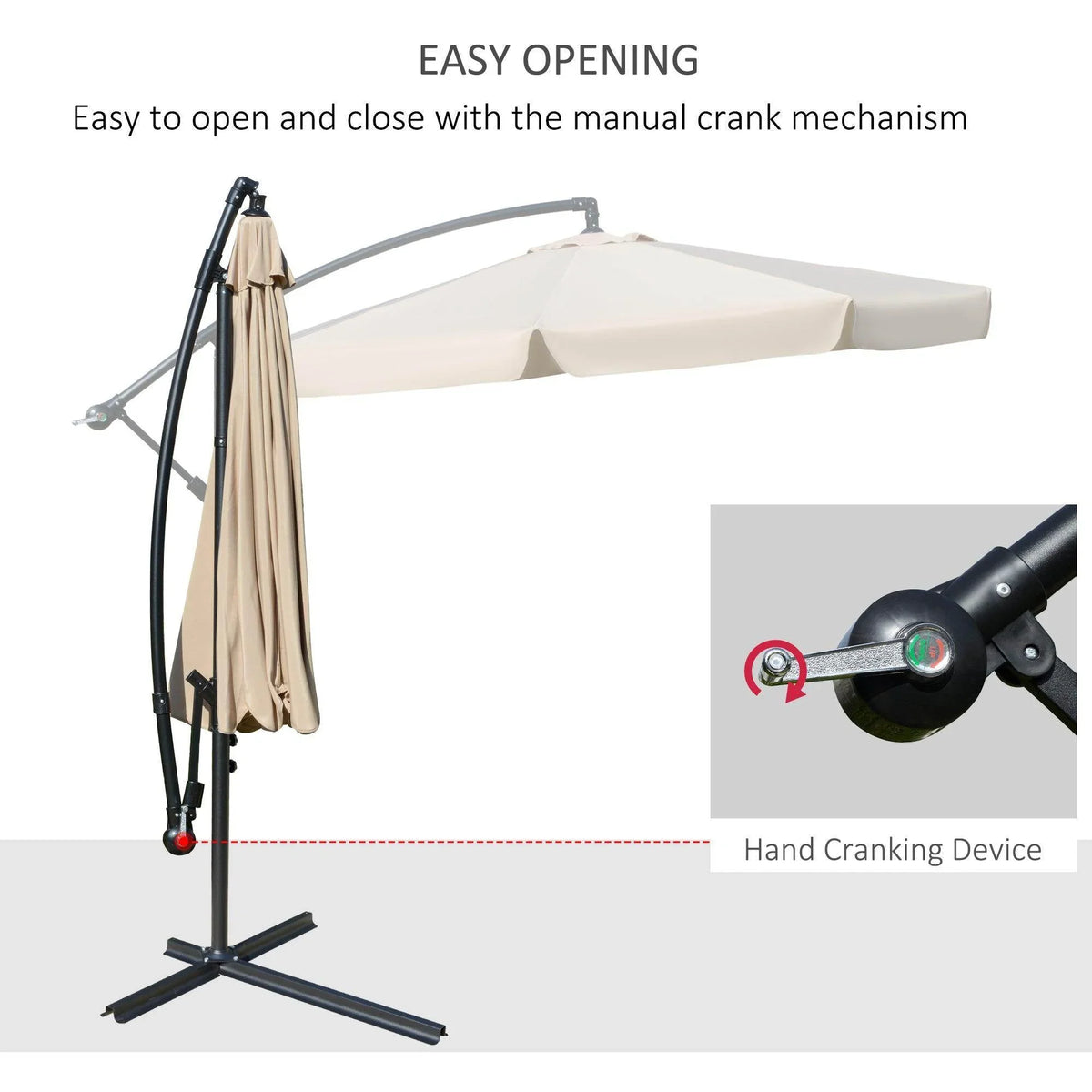 Cream banana parasol with manual crank mechanism and hanging canopy