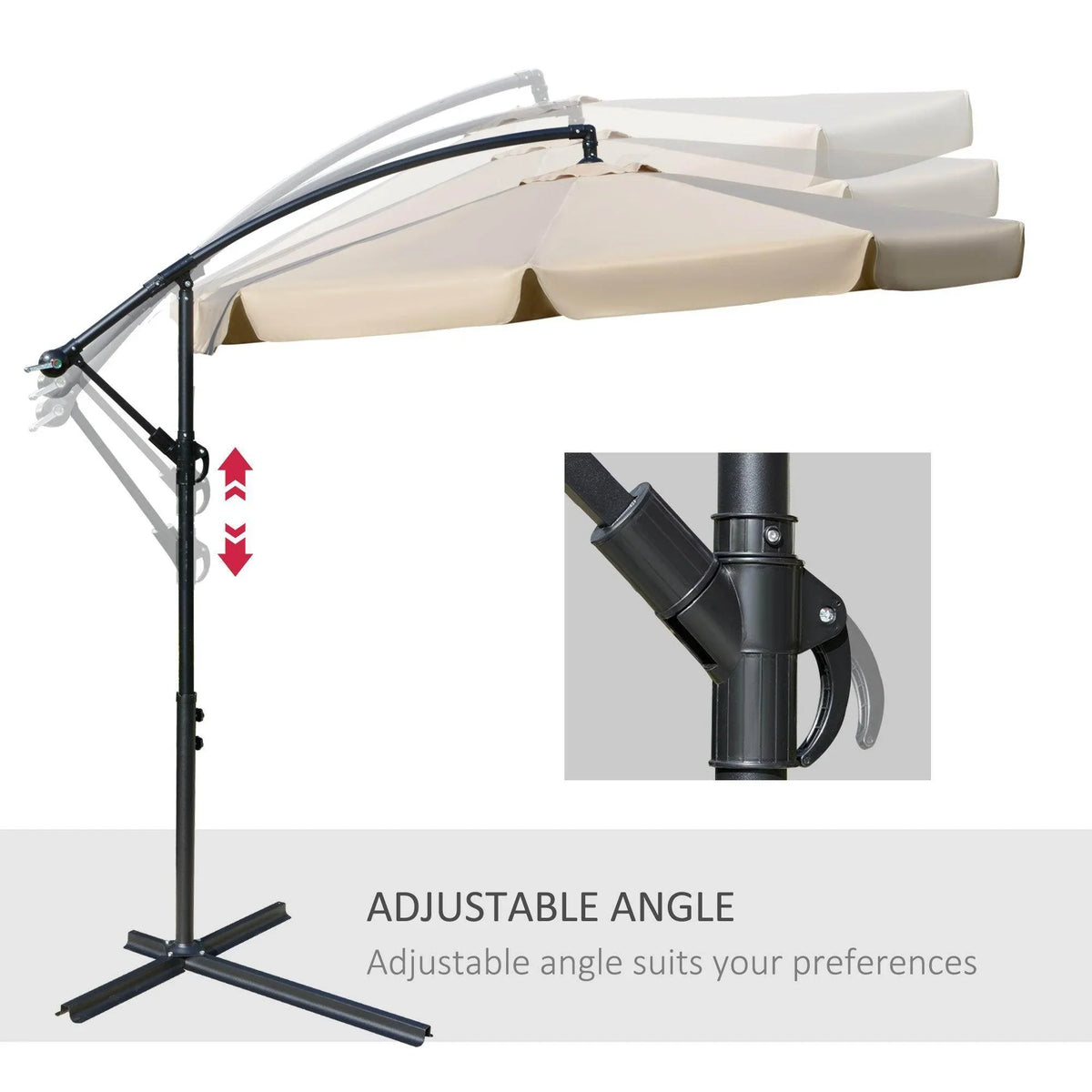 Cream banana cantilever parasol with adjustable angle support and black pole