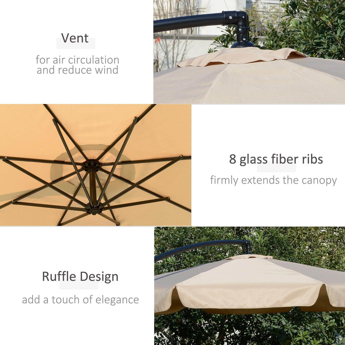 Cream banana parasol canopy with ruffled edge and vented fabric design