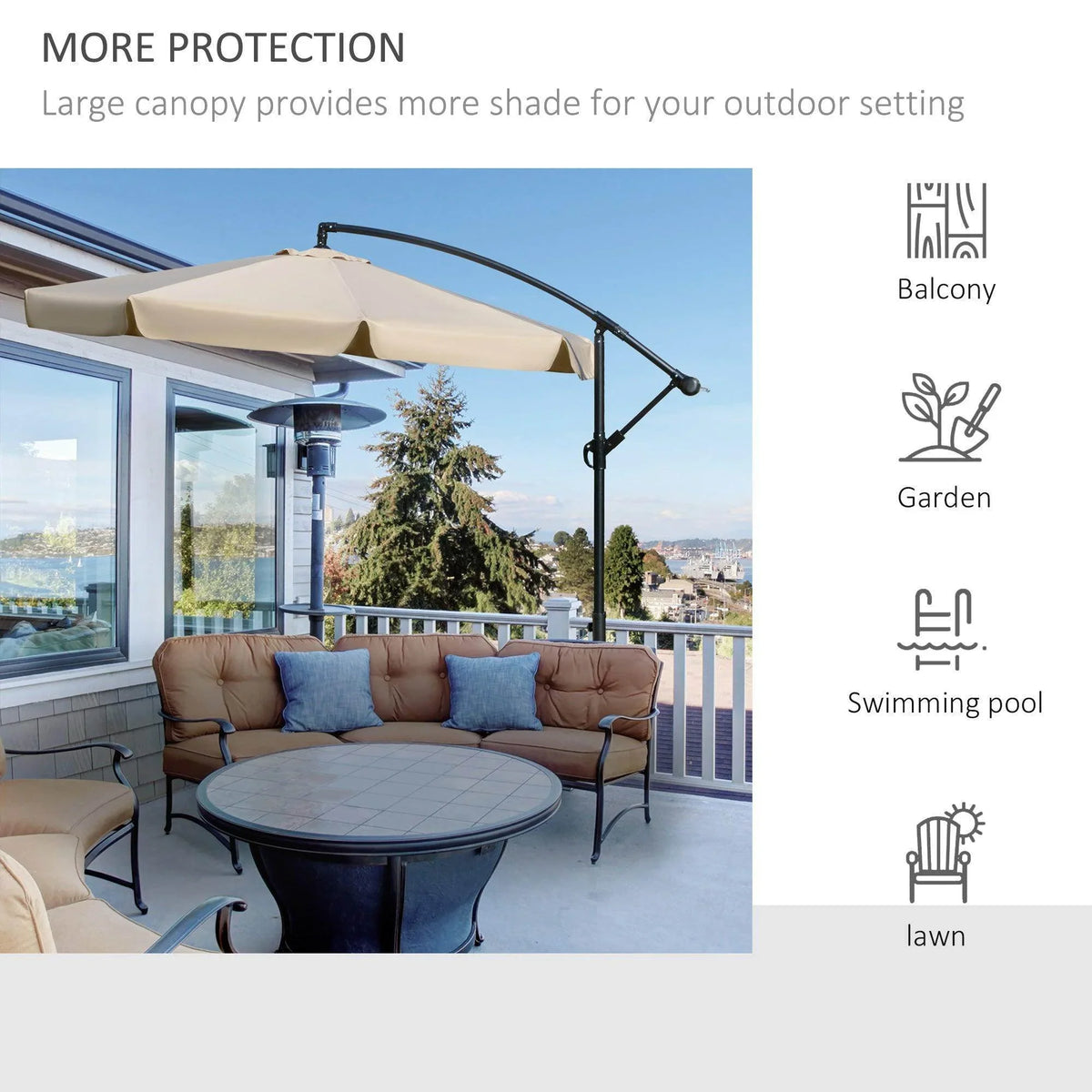 Light brown cantilever banana parasol over outdoor seating with black frame