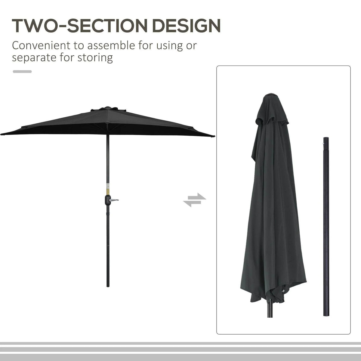 Black half umbrella two-section design with canopy and spare open umbrella cover