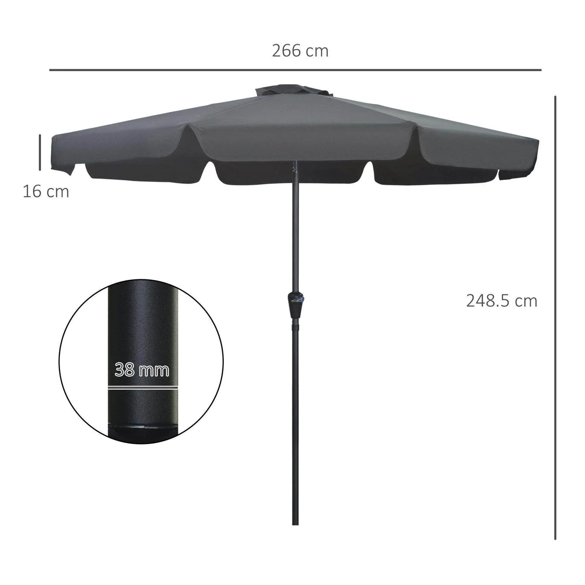 Black patio umbrella with canopy, pole, and adjustable height for outdoor shade