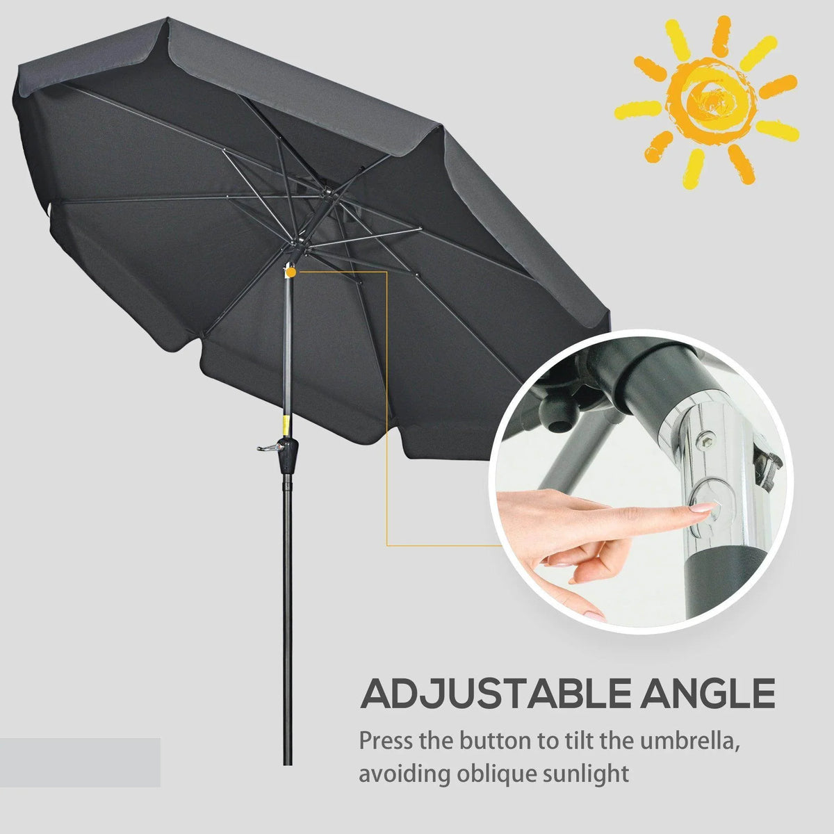 Black adjustable tilt patio umbrella with canopy and center support frame