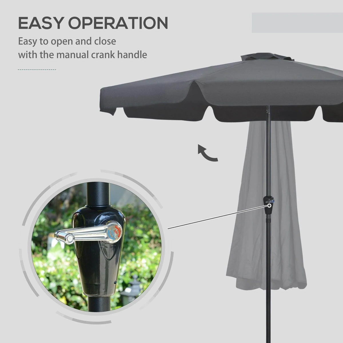 Black patio umbrella with manual crank handle and adjustable canopy angle