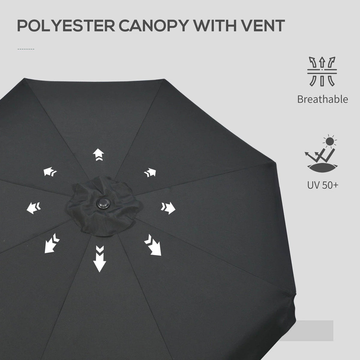 Black polyester umbrella canopy with vented top for breathable outdoor shade