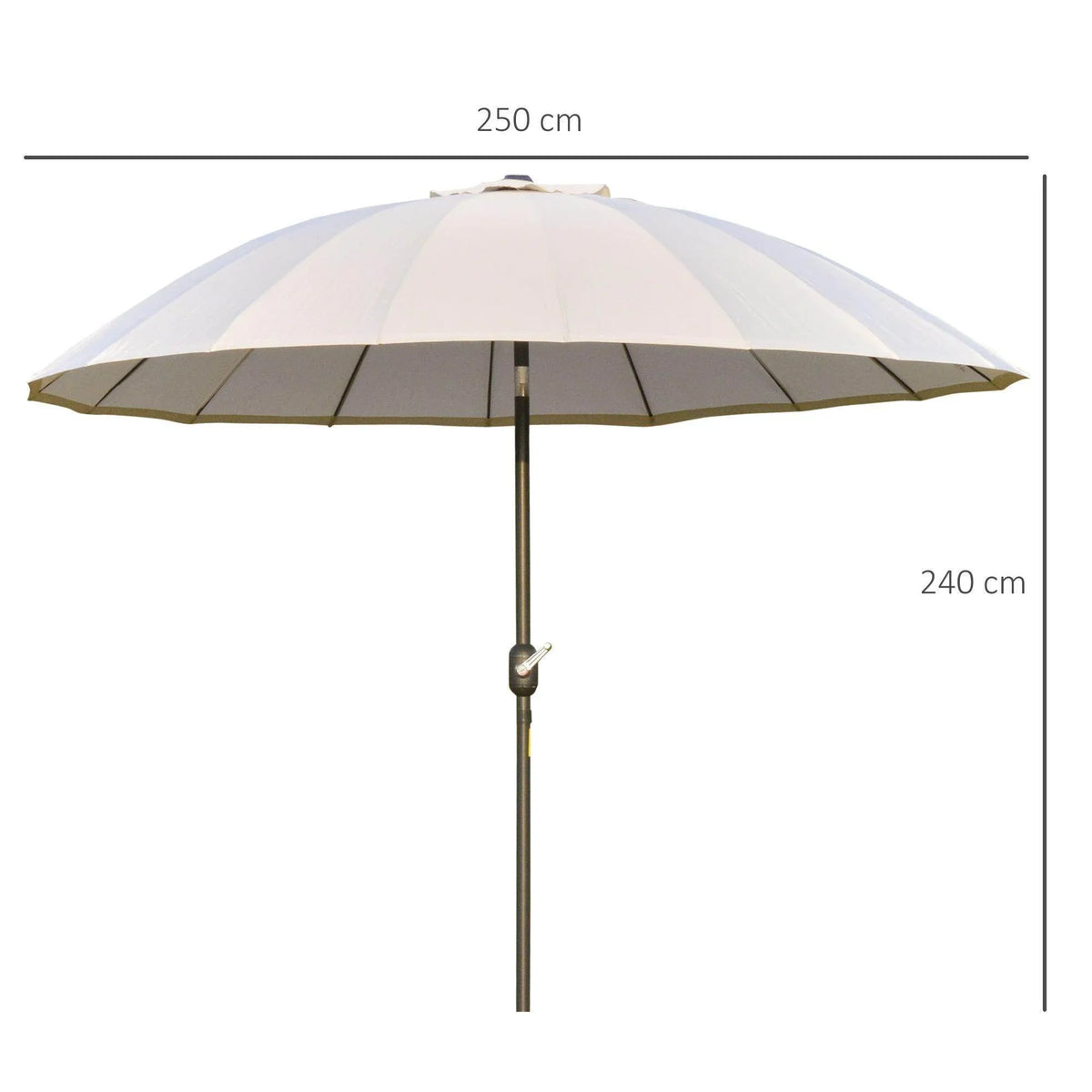 255 cm patio umbrella with off-white canopy and central metal pole, open view