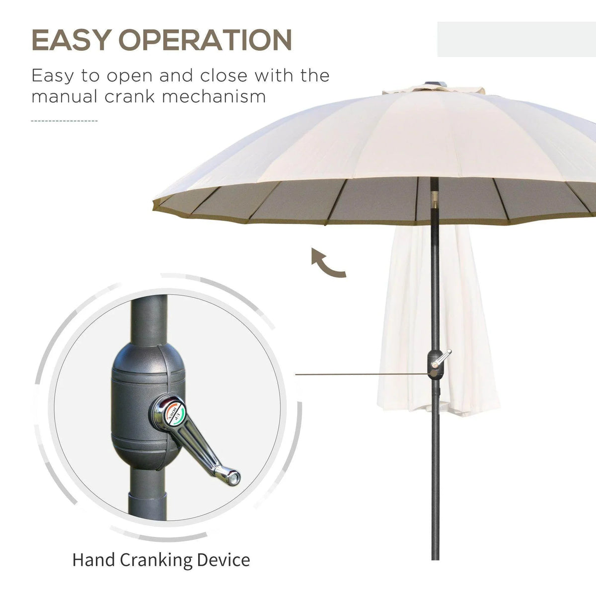 Patio umbrella with hand-crank mechanism on dark metal pole and off-white canopy