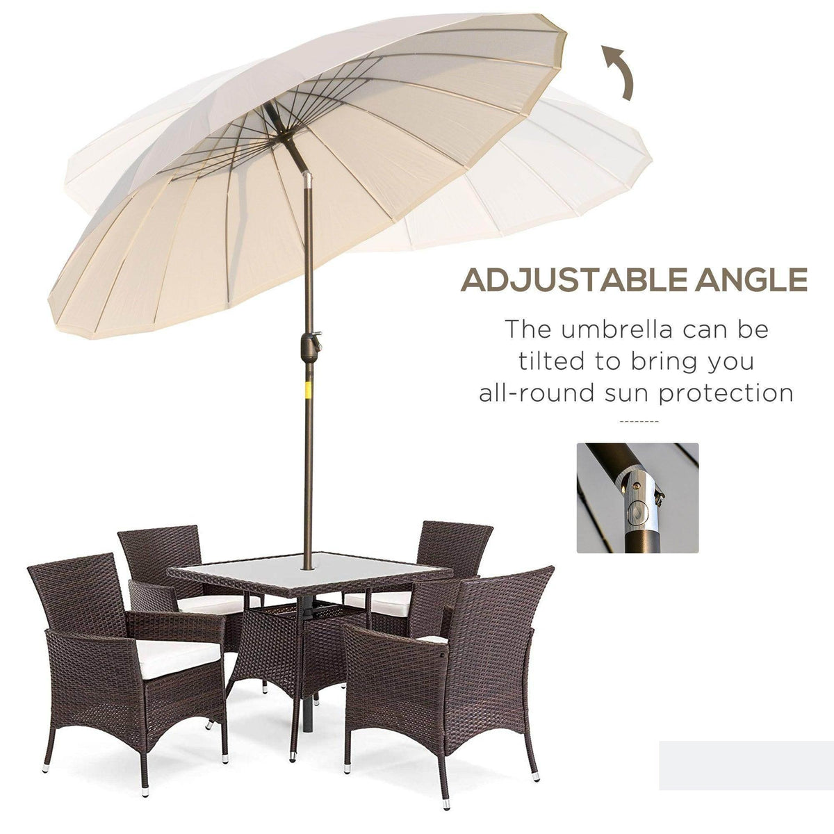 Adjustable-angle patio umbrella with off-white canopy and dark metal pole
