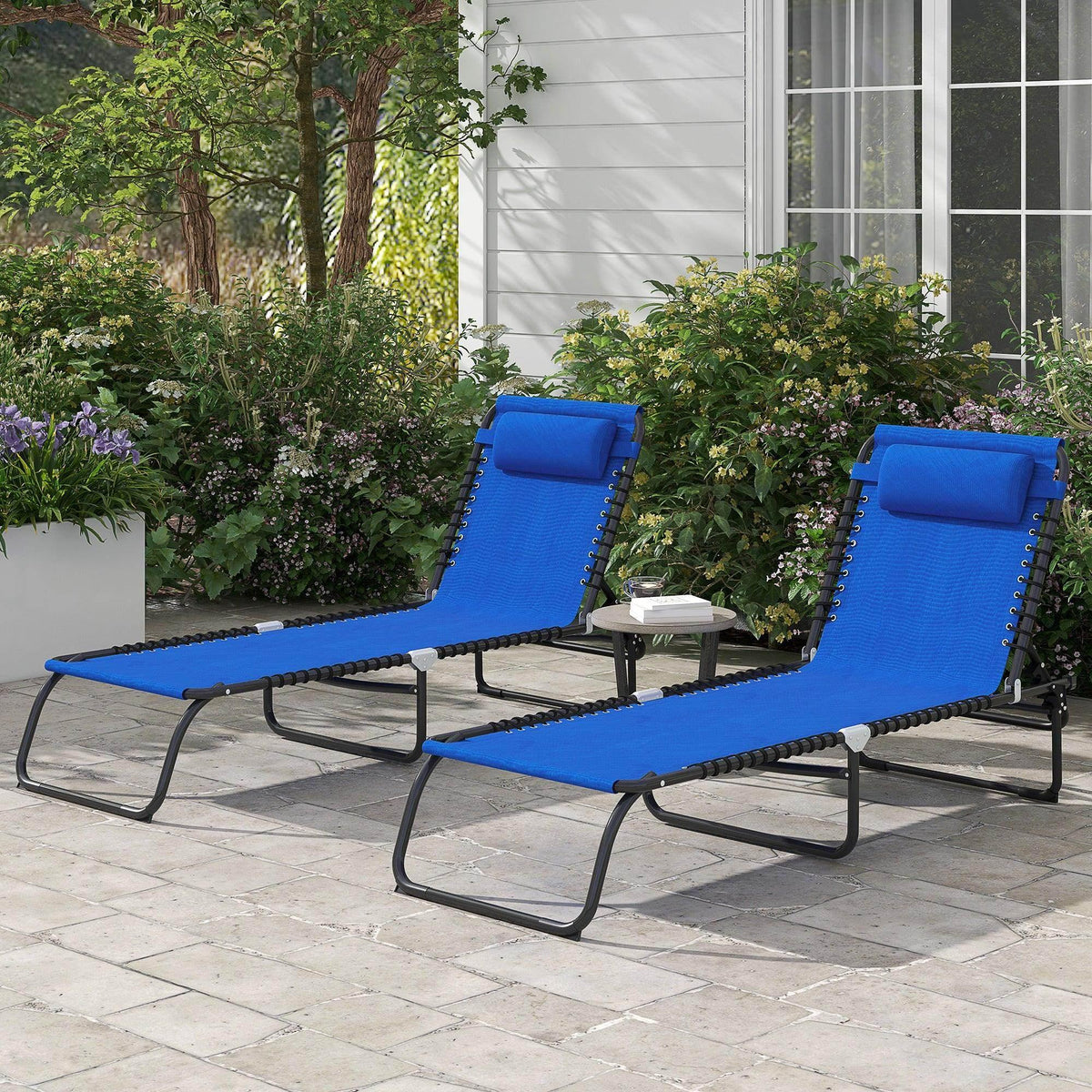 Blue folding sun lounger chairs with padded headrests and black steel frames, set of 2