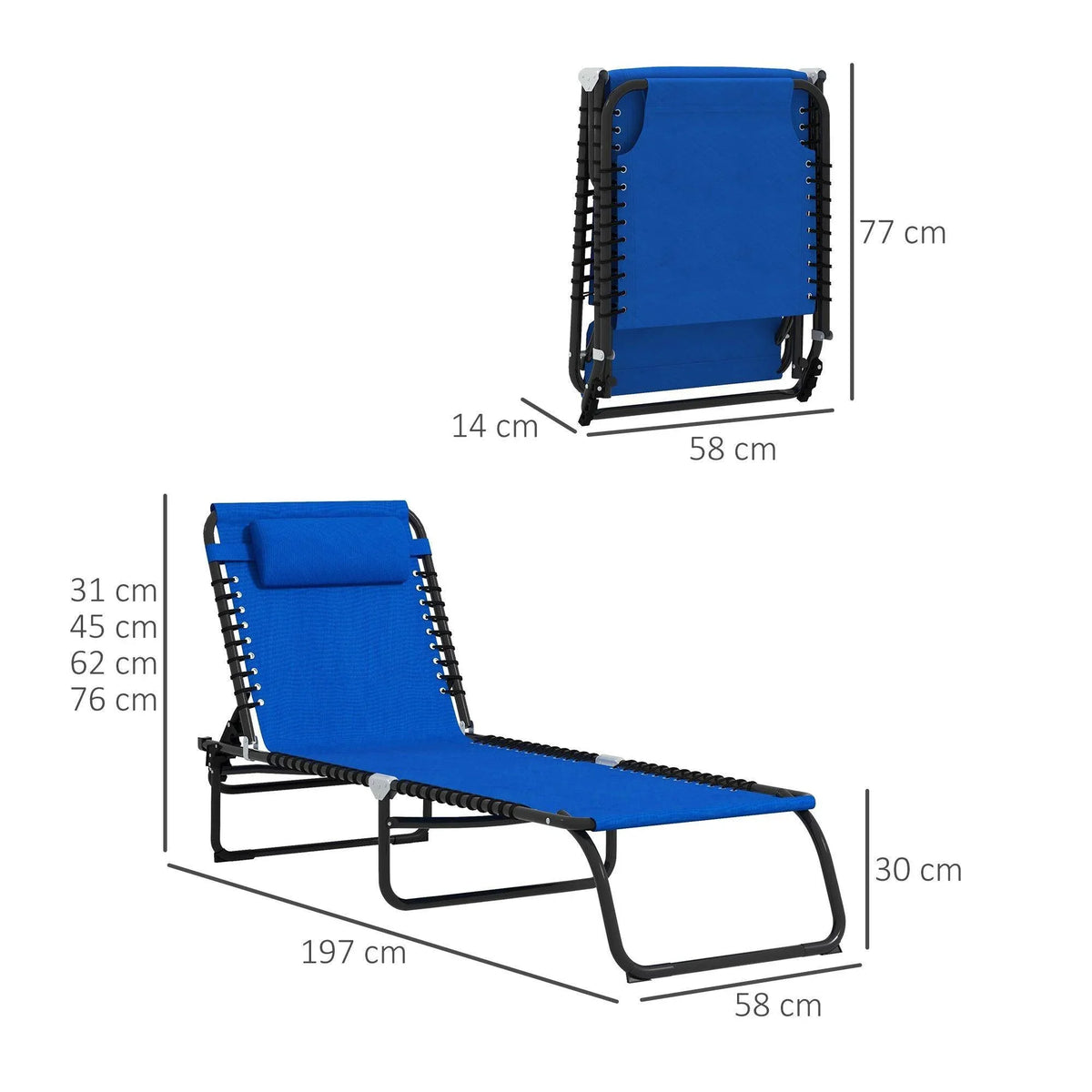 Blue folding sun lounger chair with adjustable recline, padded headrest, black metal frame