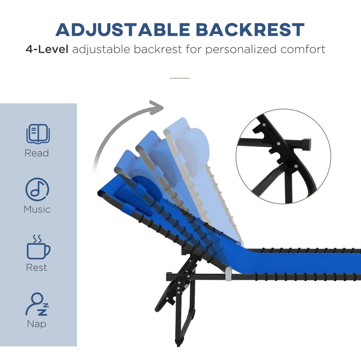 Blue adjustable-back folding lounger chair with padded headrest and black frame