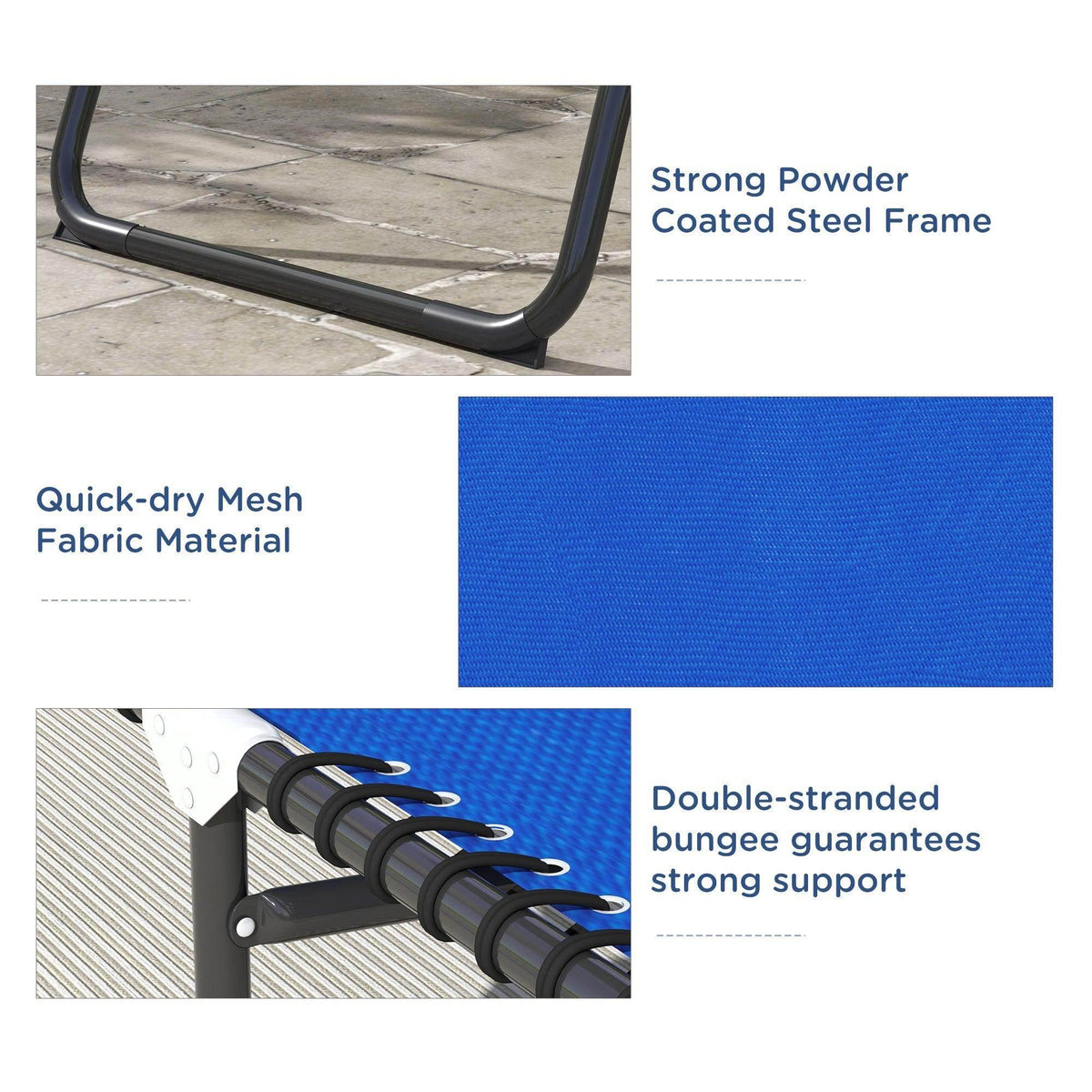Blue quick-dry mesh fabric sun lounger with black powder-coated steel frame close-up