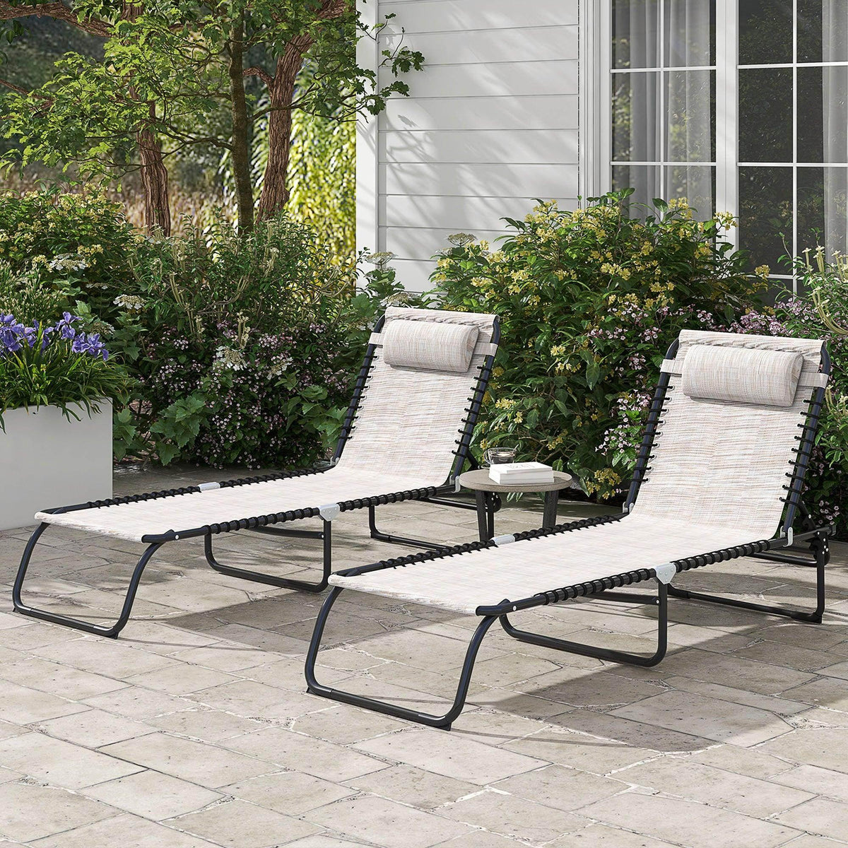 Set of 2 folding sun loungers with cream mesh fabric and black adjustable backrests