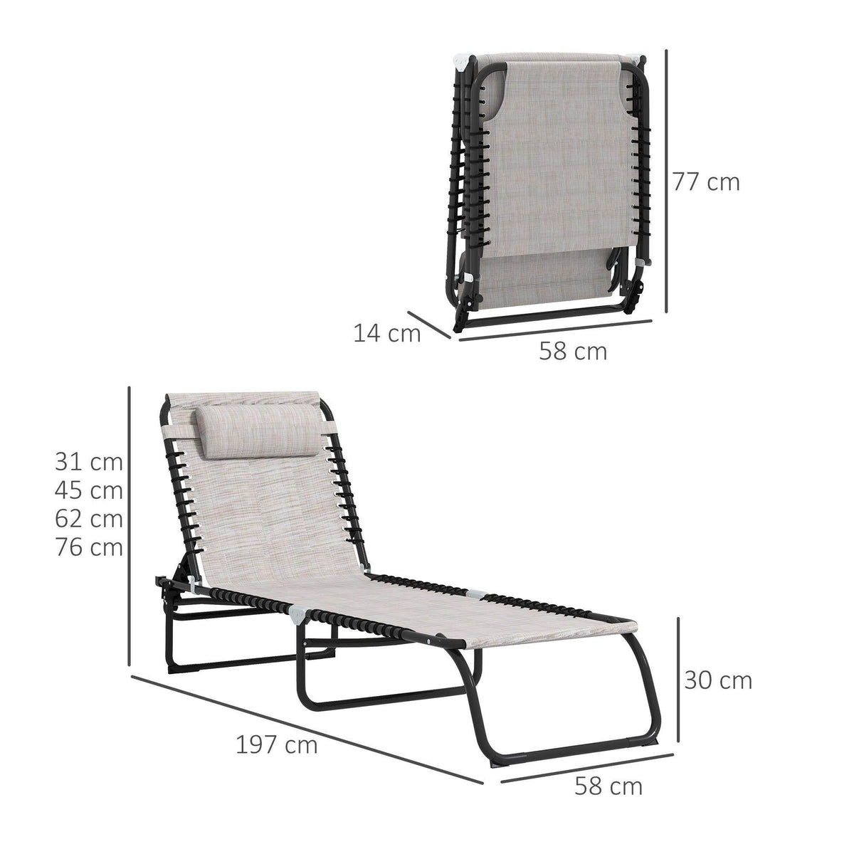 Cream fabric folding chaise lounge chair with black 4-position adjustable backrest