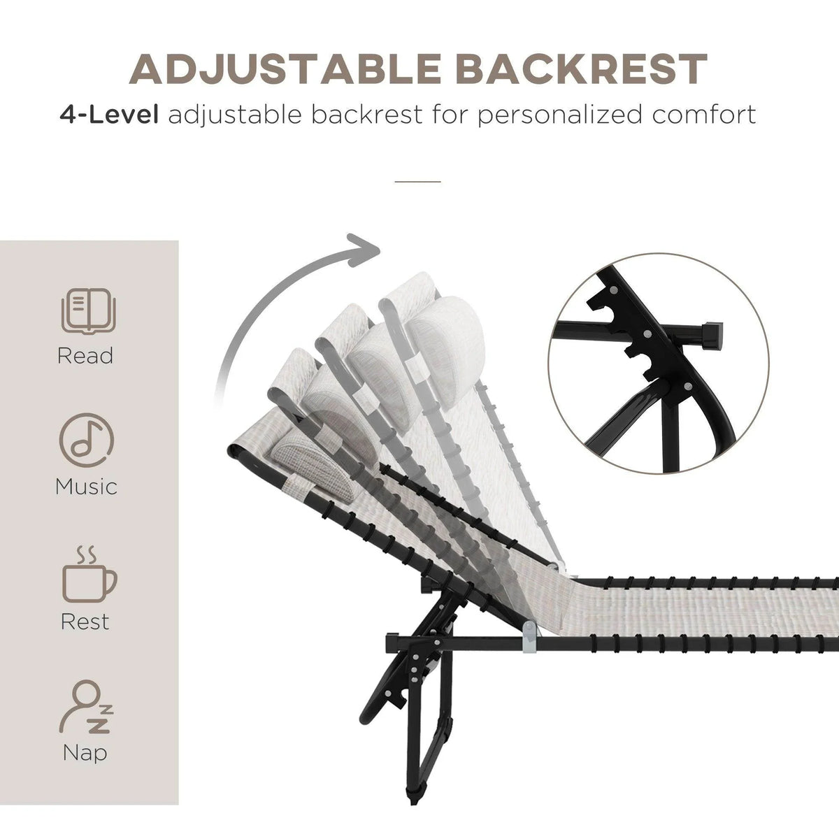 Adjustable sun lounger with 4-level backrest on black folding frame, cream mesh seat