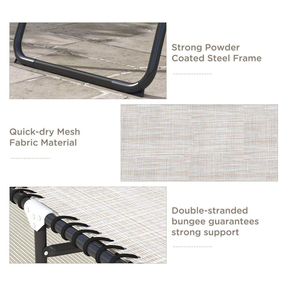 Sun lounger close-up: cream mesh fabric on black powder-coated steel frame