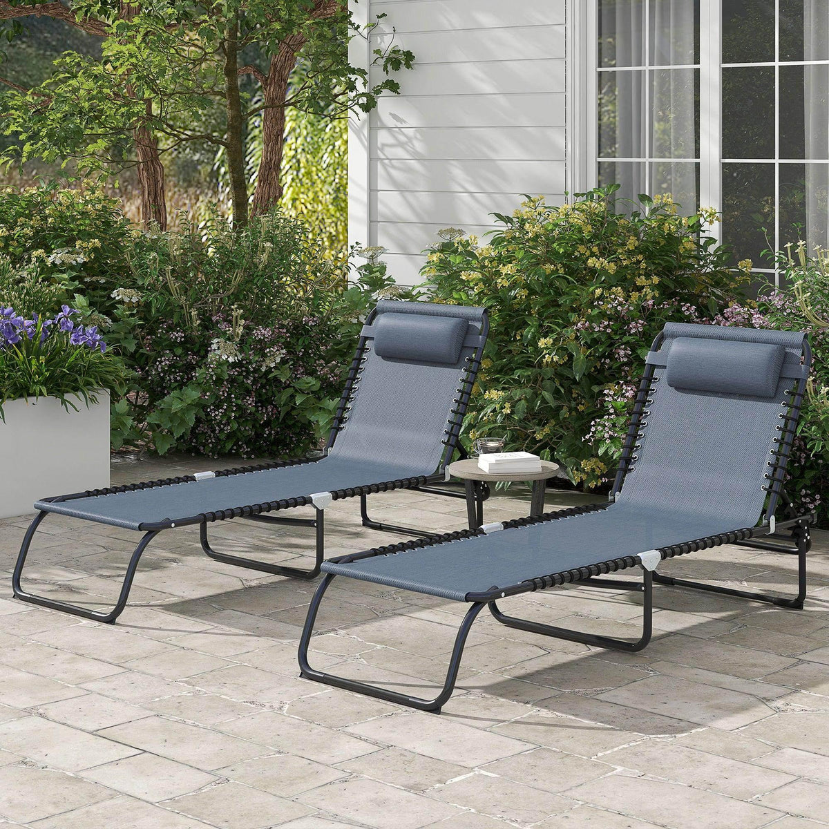 Grey folding sun lounger chaise with adjustable backrest and black steel frame, 2 chairs