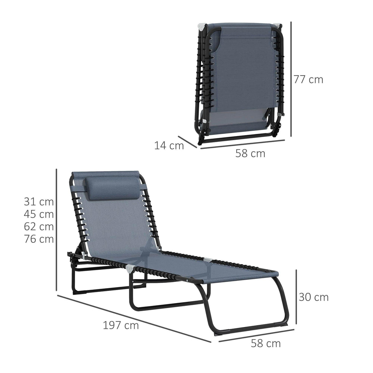 Grey folding chaise lounge with adjustable backrest and black base frame