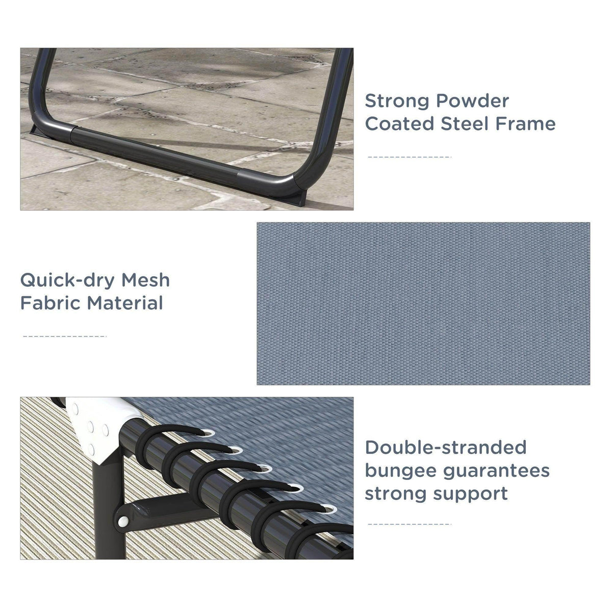 Grey quick-dry mesh fabric with black frame details and strong bungee support