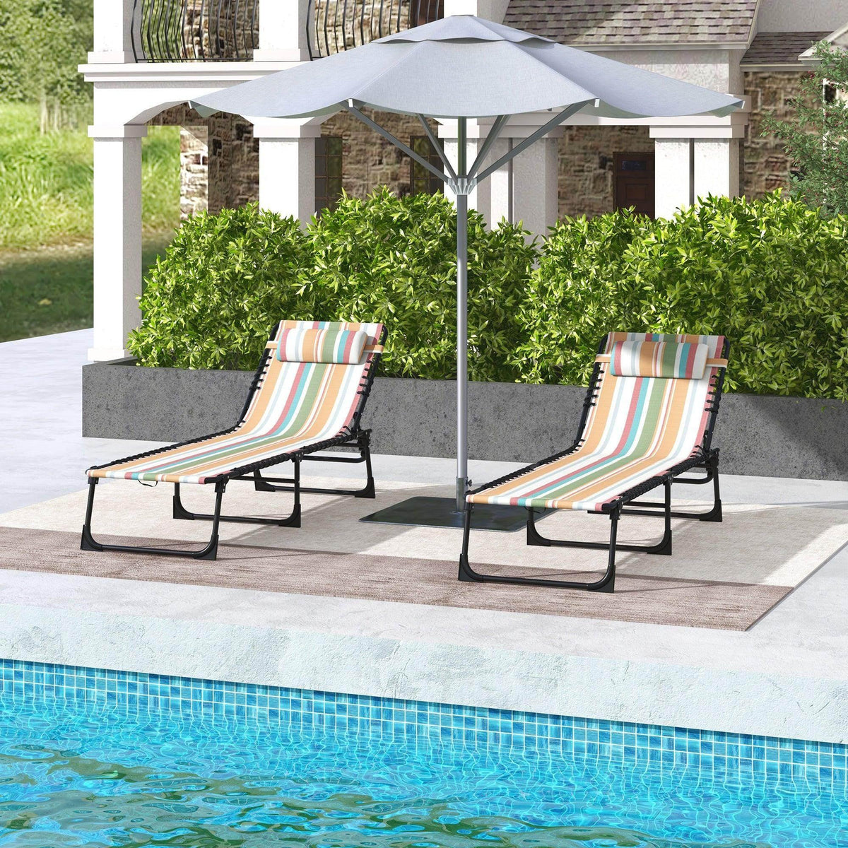 2 folding sun loungers with striped multicolor fabric, black folding frames, adjustable backrest