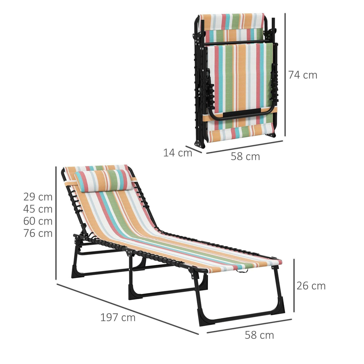 Folding sun lounger with striped multicolor fabric seat and padded headrest, black metal frame