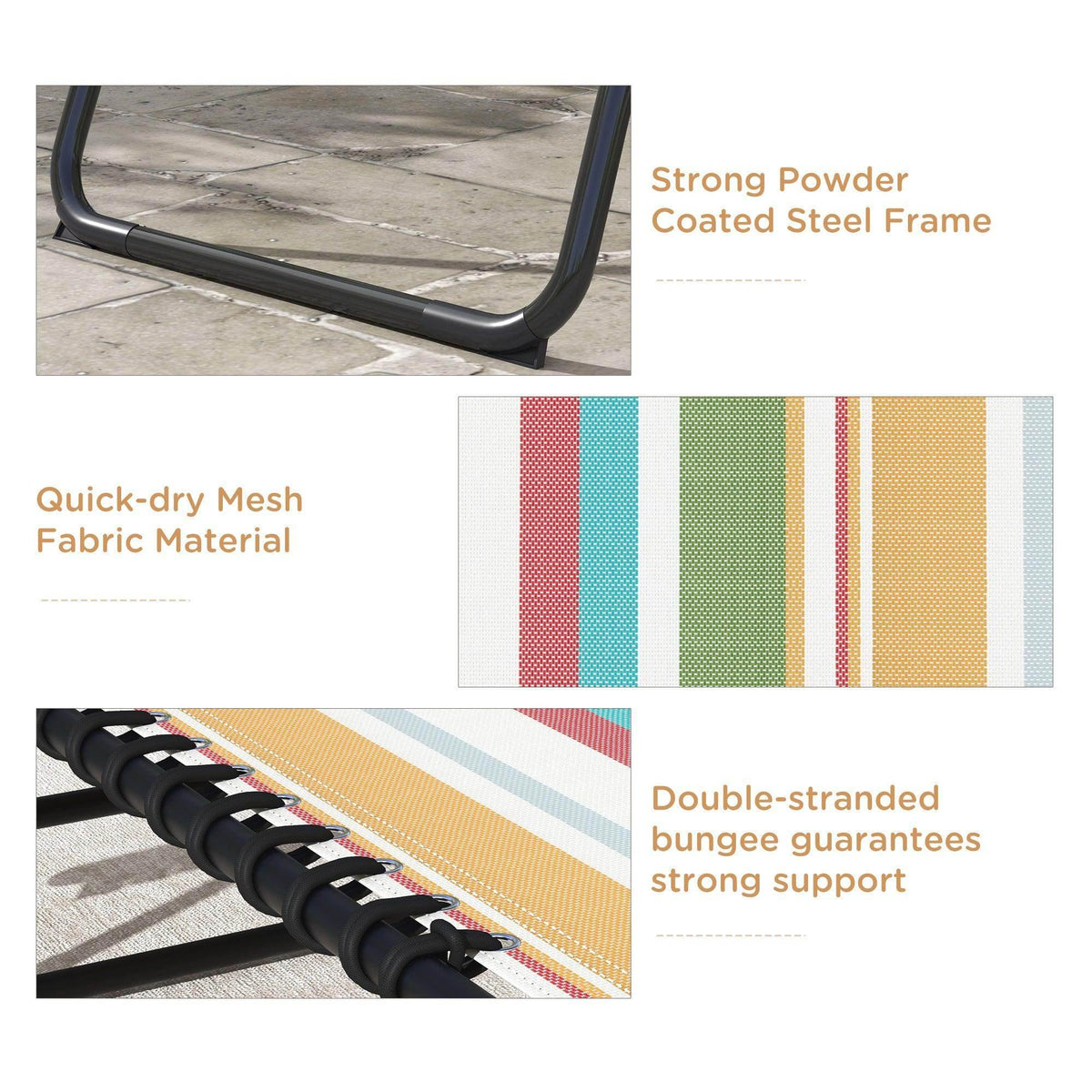Sun lounger close-up: black powder-coated steel frame with striped multicolor fabric sling