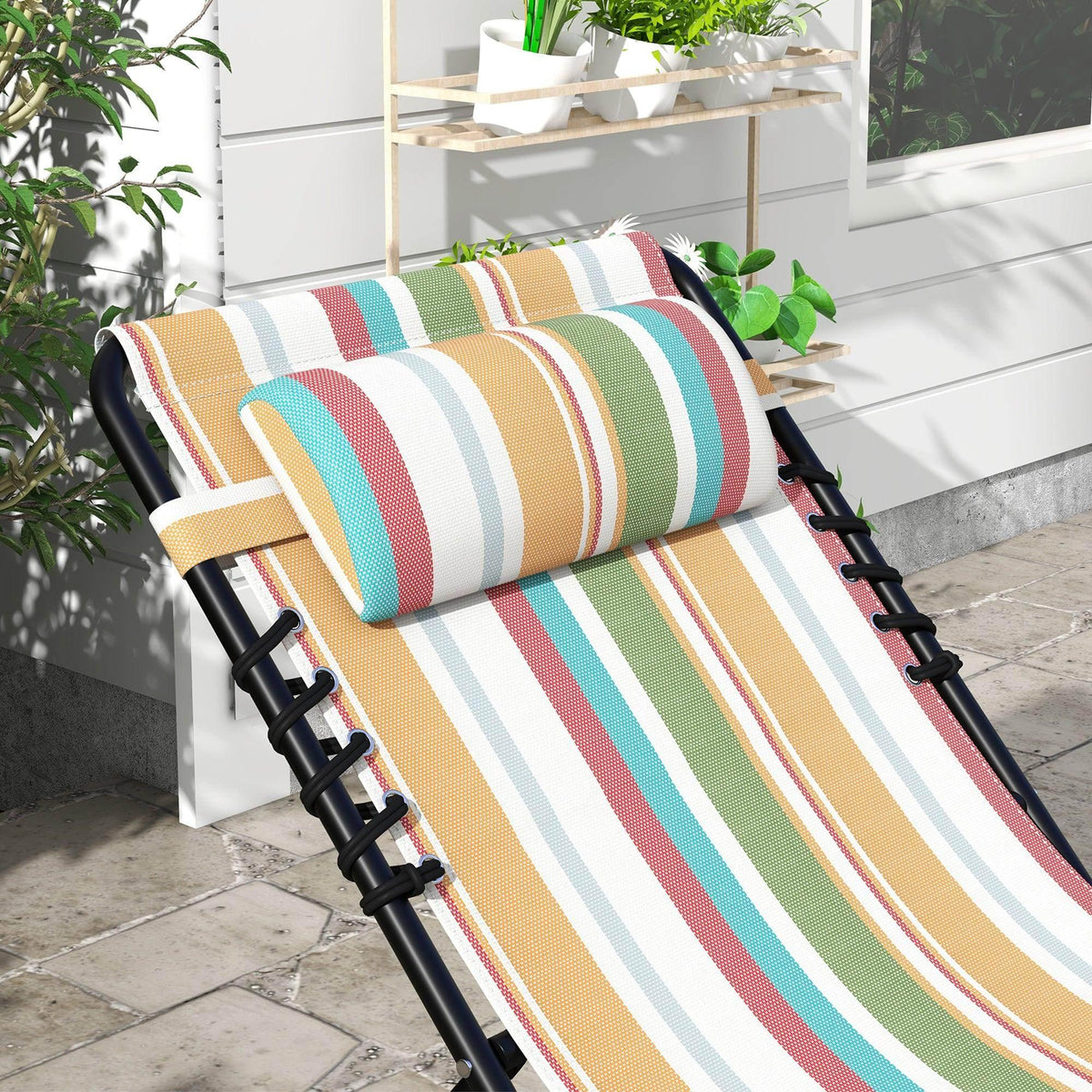 Sun lounger with striped multicolor cushion and padded headrest on black folding frame