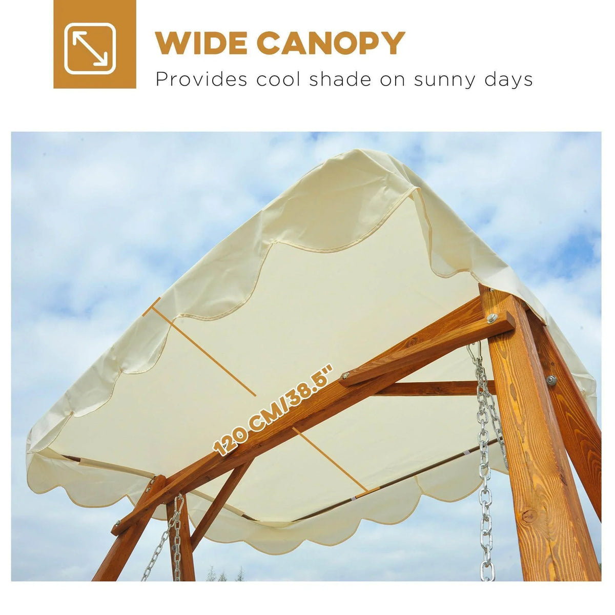 Wide 120cm cream canopy on wooden swing frame, providing shade outdoors