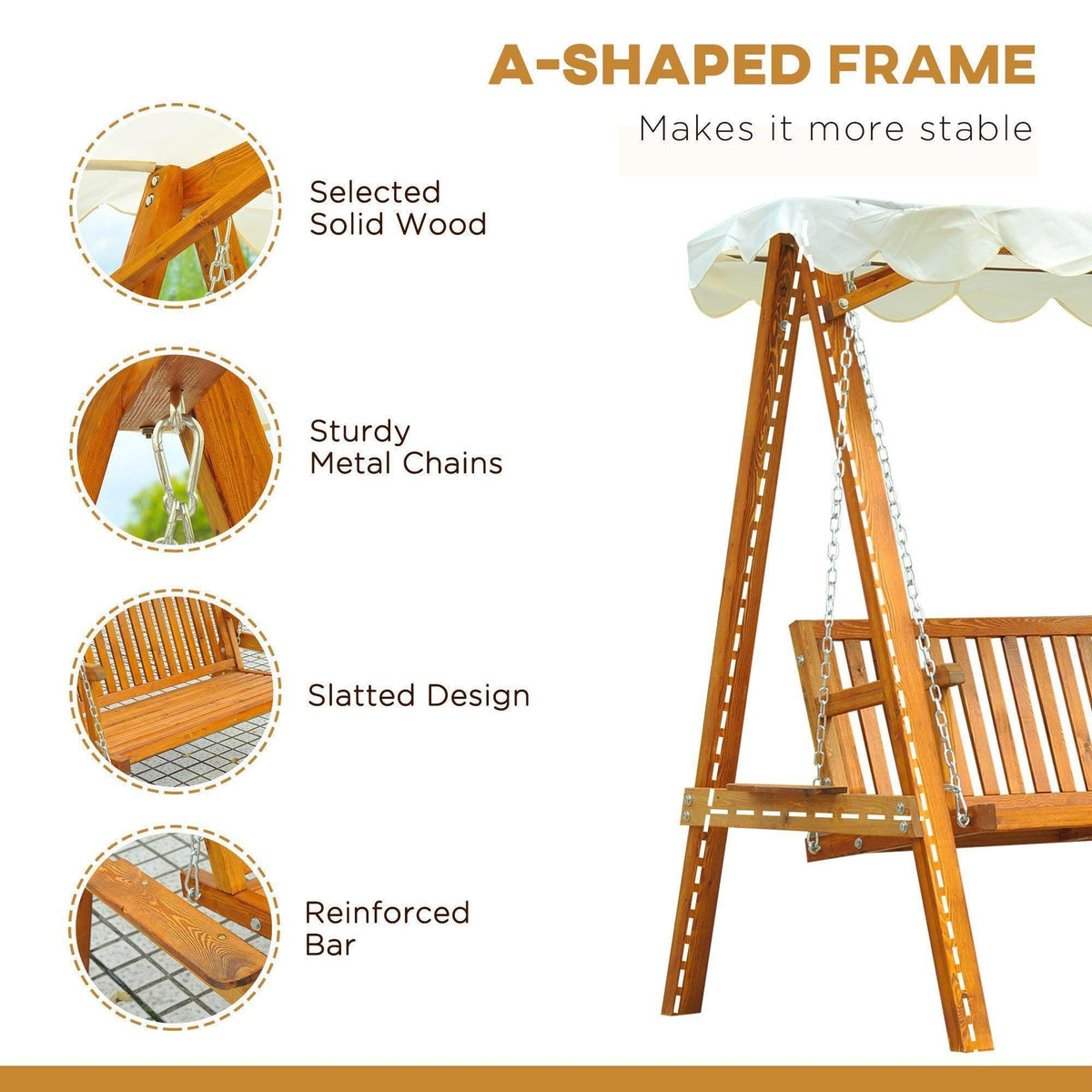 Wooden garden swing with A-frame, solid wood, metal chains, slatted bench, and canopy for outdoor relaxation