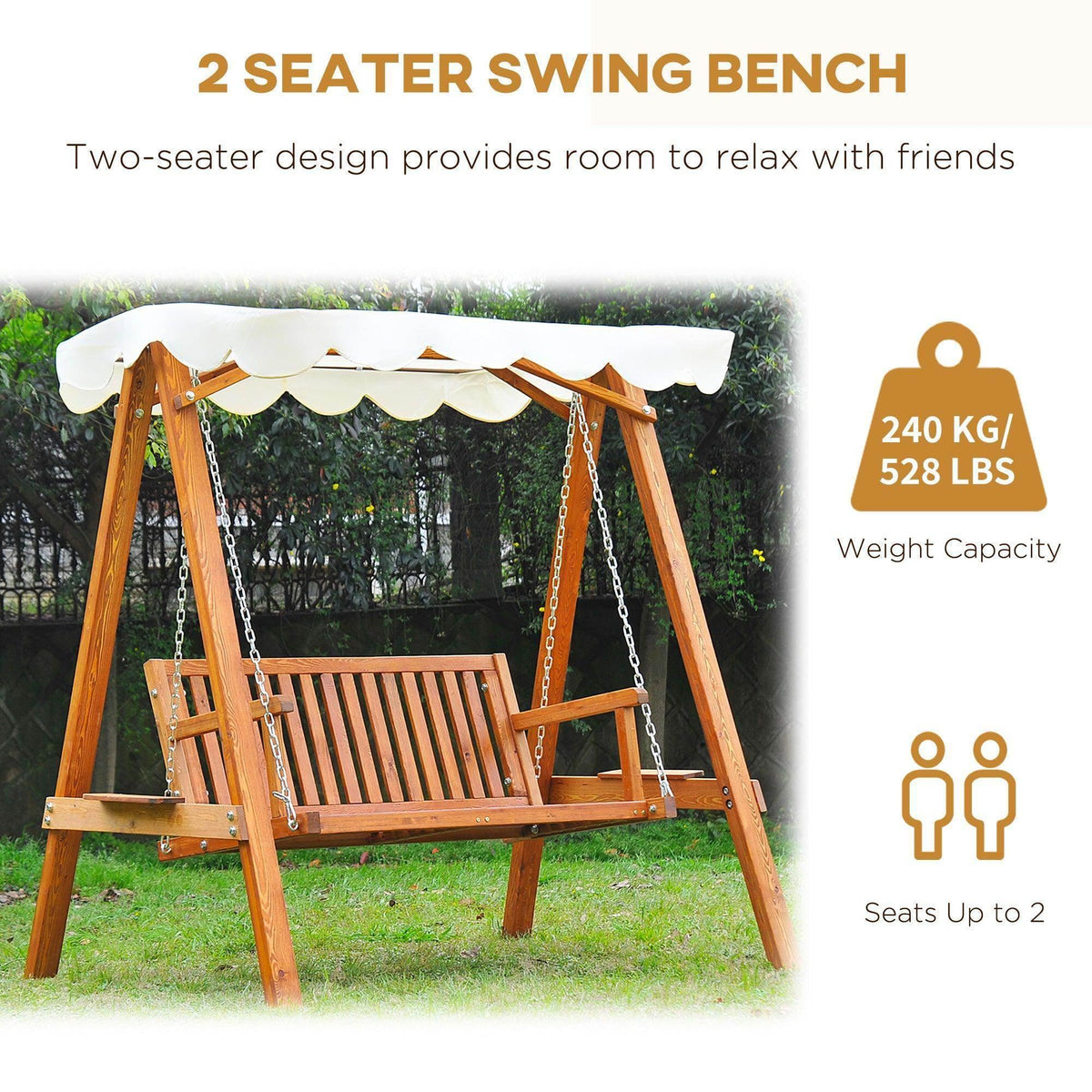 Wooden 2-seater swing bench with canopy for garden, seats up to 2, 528 lbs capacity