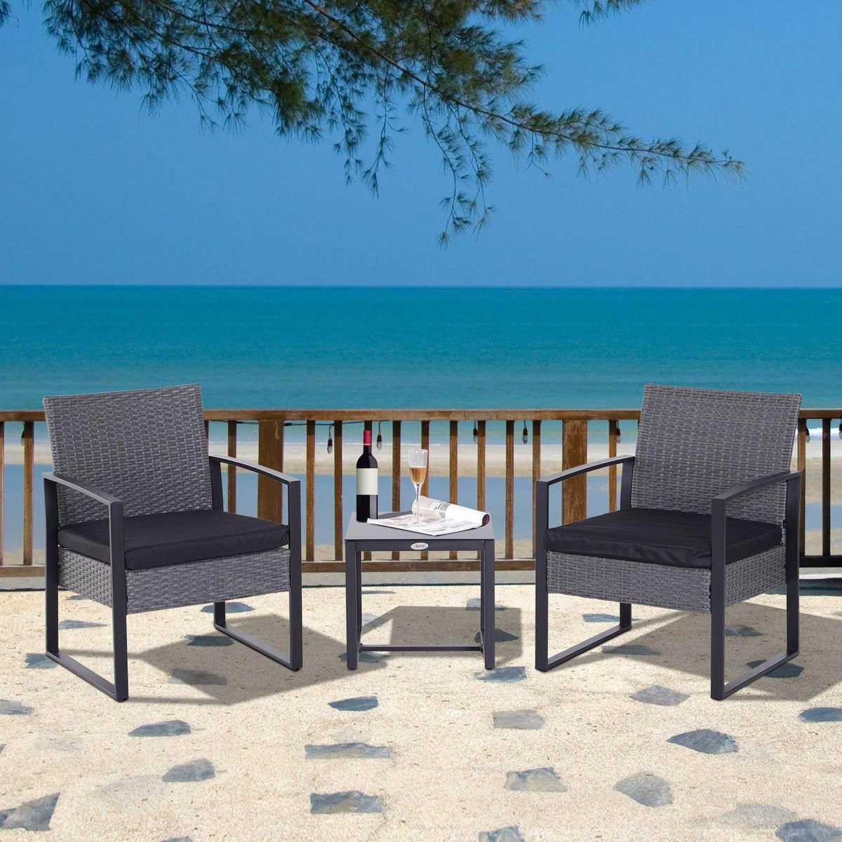 Grey rattan outdoor bistro set with two armchairs and a small square side table