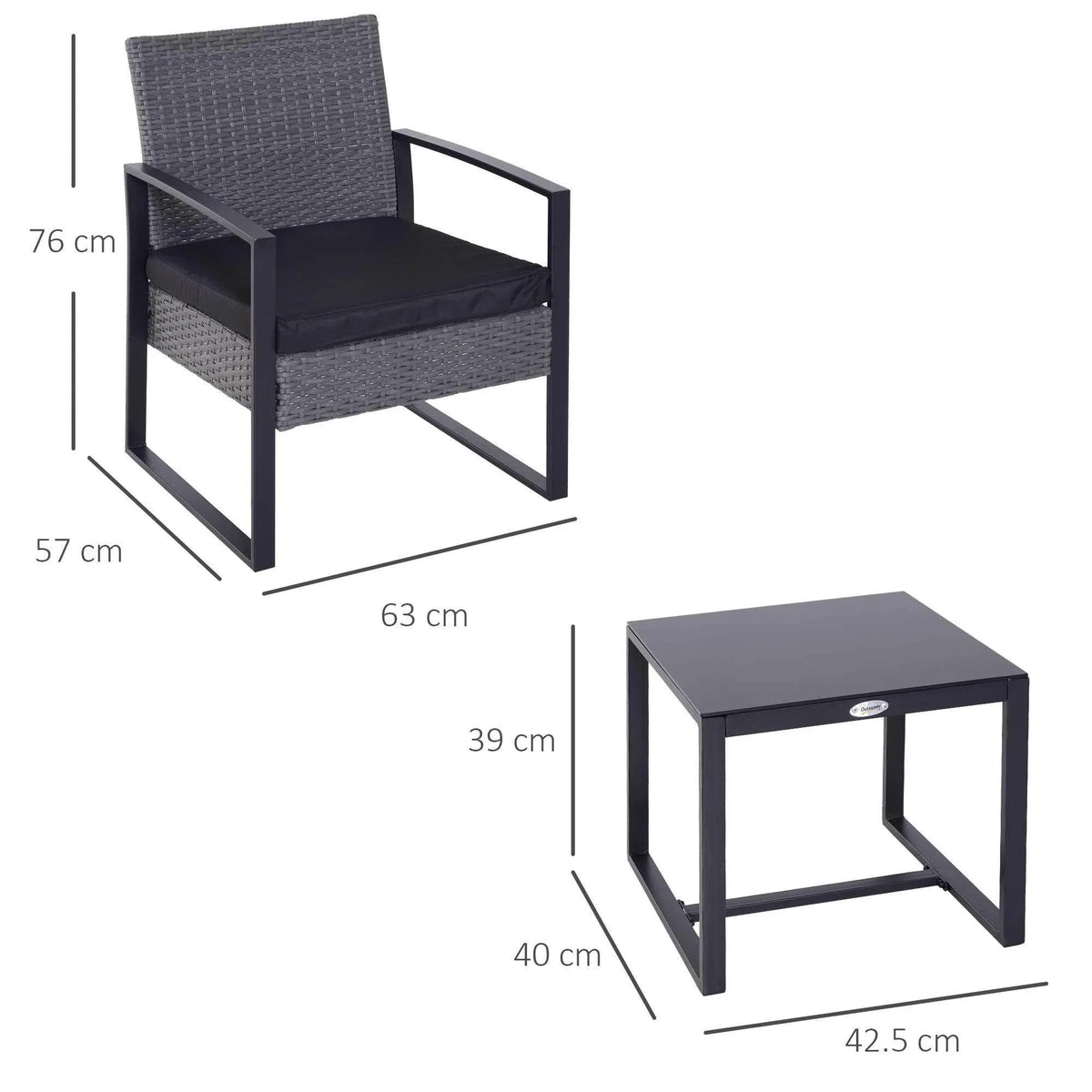 Grey rattan armchair with woven back and seat cushion, shown with size diagram