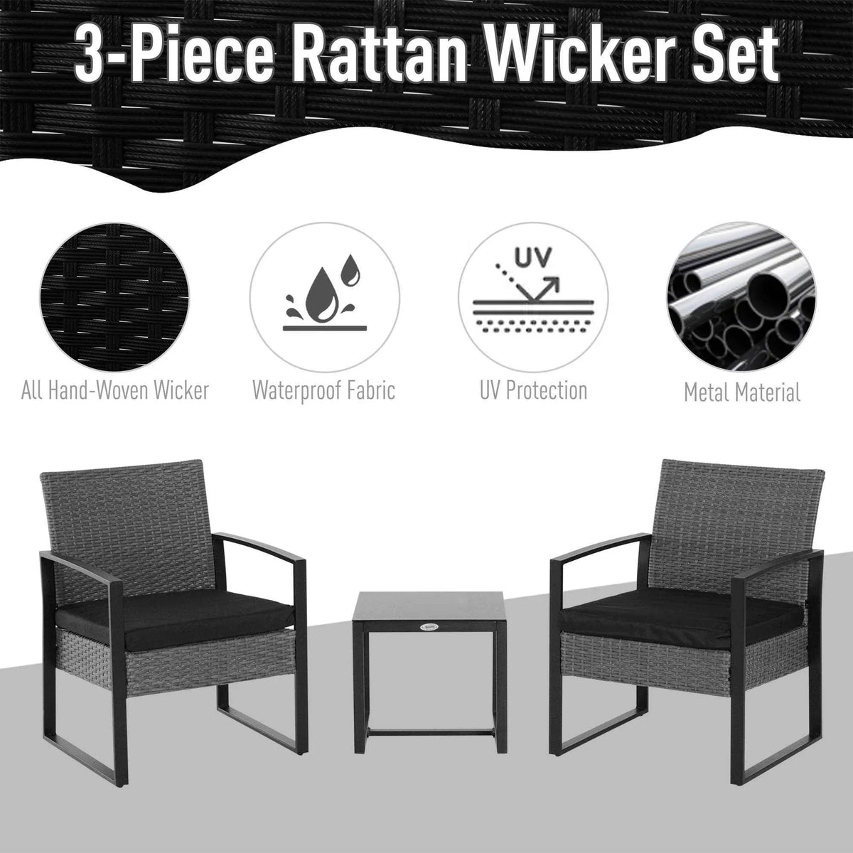 Grey rattan bistro set overview: two chairs with cushions and a square side table